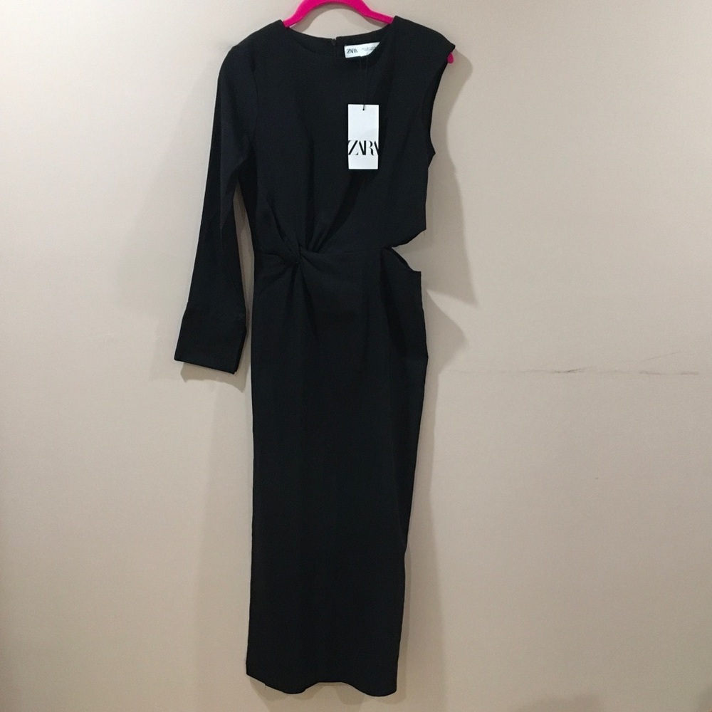 Zara Midi Dress Women’s S Black Cut Out One Shoulder Stretch New 9304/459 - Picture 4 of 12
